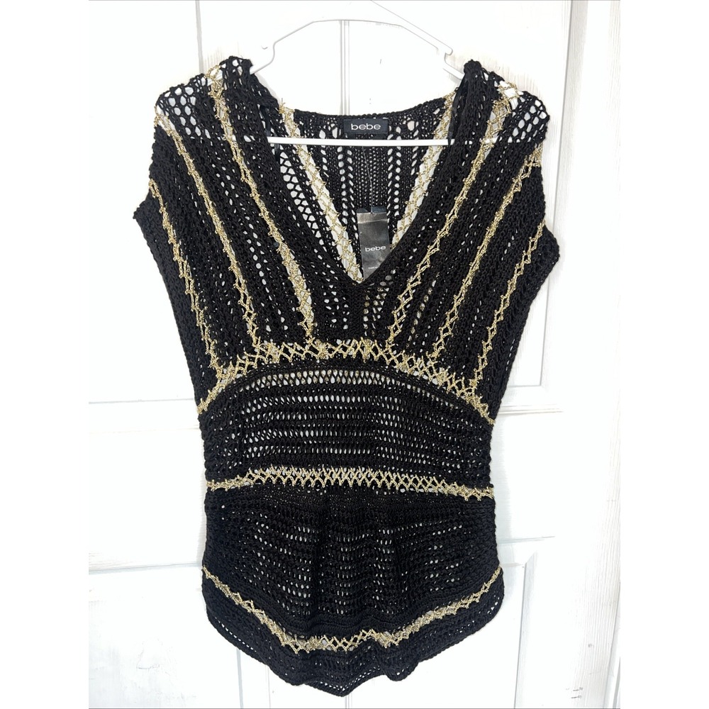 Bebe Black Mesh Gold Stripes Dress Robe Superp Filet Beach Cover-Up-New